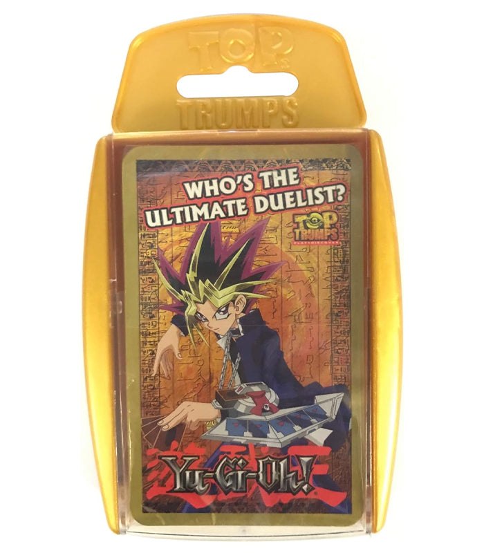 Yu-Gi-Oh! Top Trumps card game in yellow packaging featuring anime duelist.
