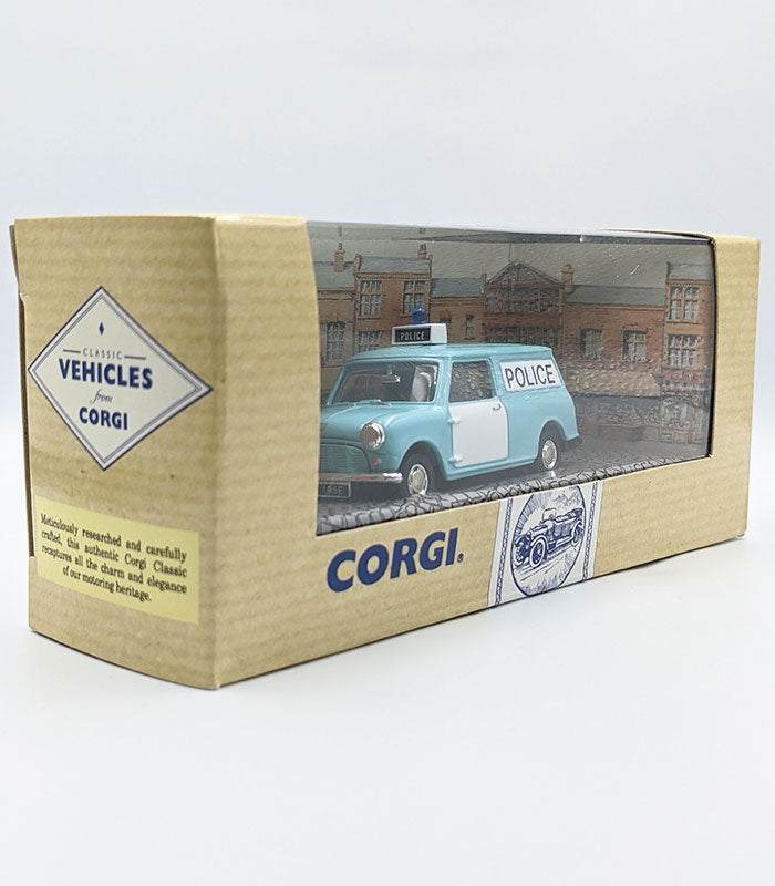 Corgi Morris Mini Van die-cast model in display box, limited edition collectible.