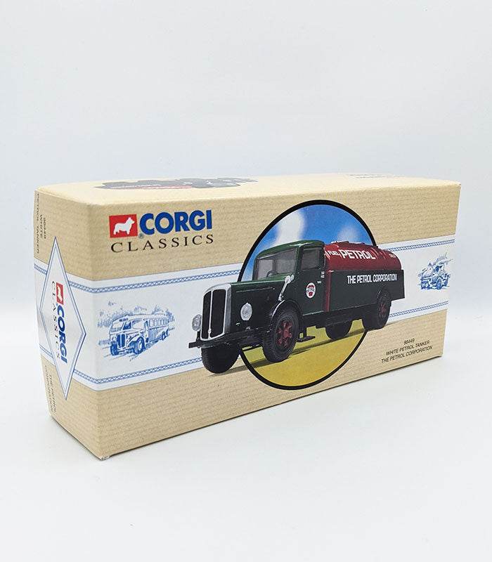 Corgi White Petrol Tanker die-cast model box with detailed reproduction and certificate.