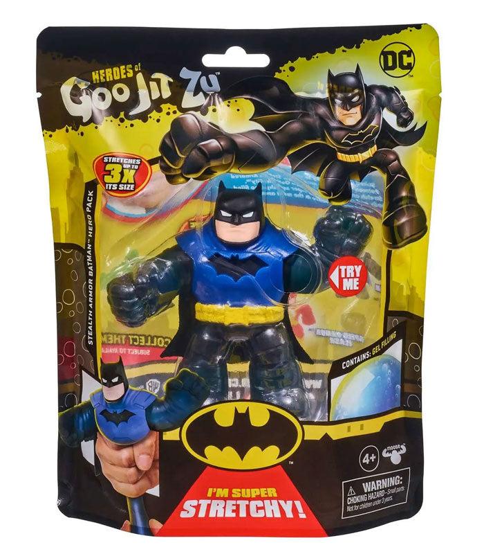Heroes of Goo Jit Zu Stealth Armor Batman in packaging, stretchy and gooey superhero toy suitable for ages 4 and up.