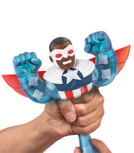 Load image into Gallery viewer, Goo Jit Zu Captain America Sam Wilson stretchy superhero toy being squeezed.
