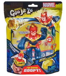 Goo Jit Zu Captain Marvel toy with metallic goo filling, stretchy and squishy superhero action figure.