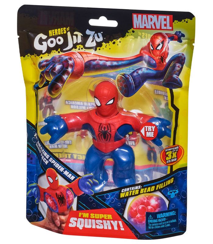 Heroes of Goo Jit Zu The Amazing Spider-Man action figure in packaging, showcasing stretchable and squishy features.