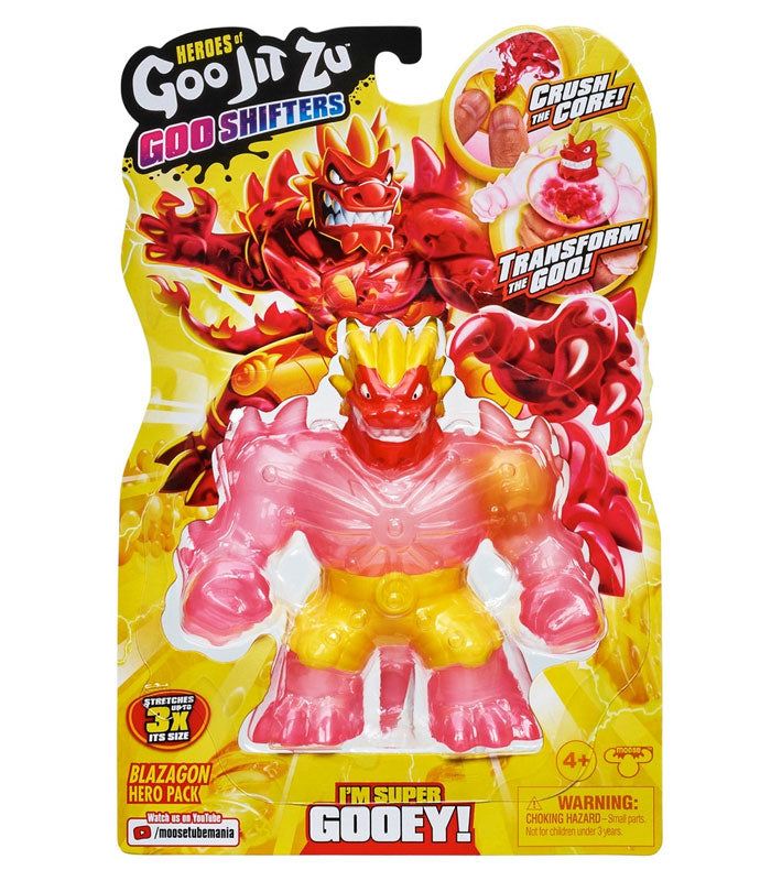 Heroes of Goo Jit Zu Goo Shifters Blazagon action figure with color-changing goo and stretchable body.