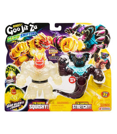 Heroes of Goo Jit Zu Glow Shifters Vs Pack featuring Ultraglow Blazagon and Shadowfang Viper action figures in packaging.
