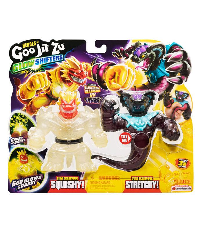 Heroes of Goo Jit Zu Glow Shifters Vs Pack featuring Ultraglow Blazagon and Shadowfang Viper action figures in packaging.