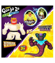 Load image into Gallery viewer, Heroes of Goo Jit Zu Glow Shifters Ultraglow Blazagon vs Shadowfang Viper action figure pack.
