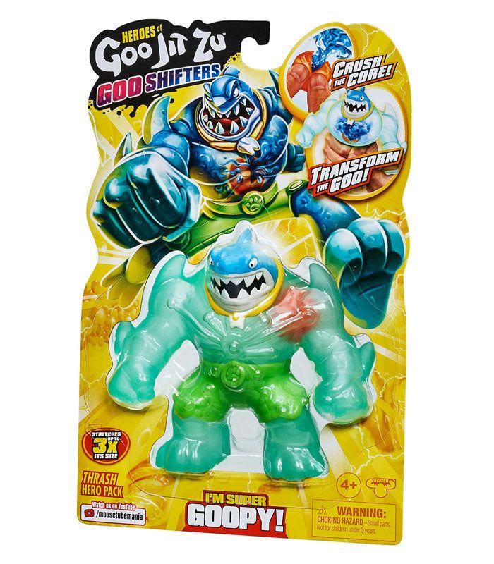 Heroes of Goo Jit Zu Goo Shifters Thrash toy in packaging, featuring vibrant super stretchy and squishy green design.