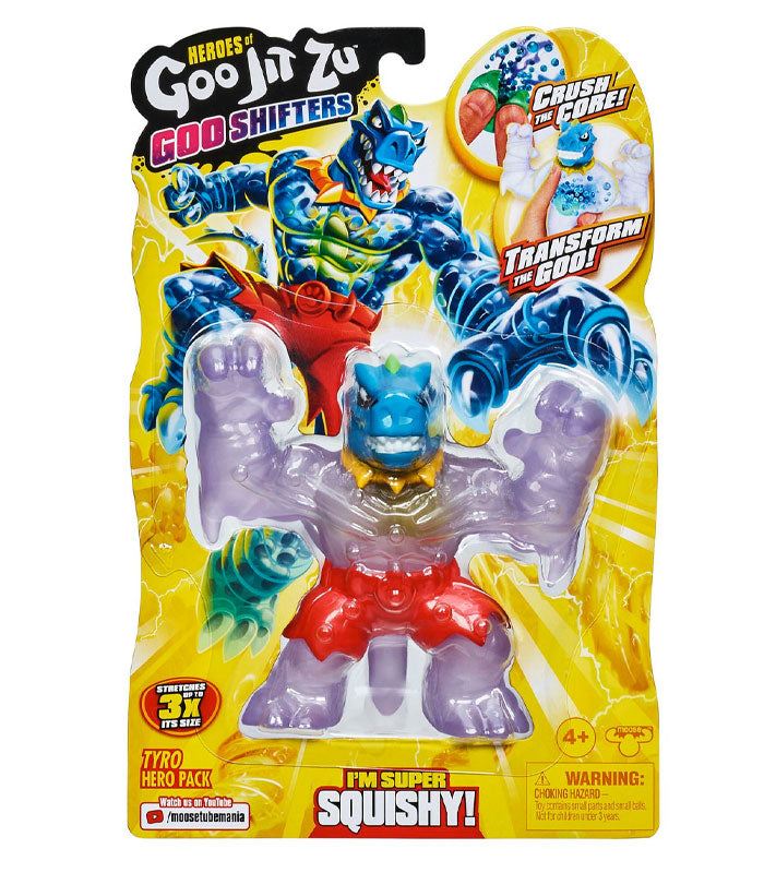 Heroes of Goo Jit Zu Goo Shifters - Tyro action figure in packaging showing stretchable and color-changing features.