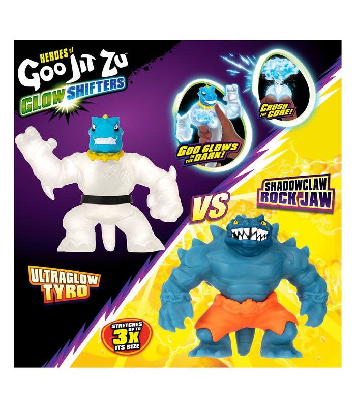Heroes of Goo Jit Zu Glow Shifters Versus Pack featuring Ultraglow Tyro and Shadowclaw Rock Jaw action figures.