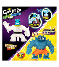 Load image into Gallery viewer, Heroes of Goo Jit Zu Glow Shifters Versus Pack featuring Ultraglow Tyro and Shadowclaw Rock Jaw action figures.
