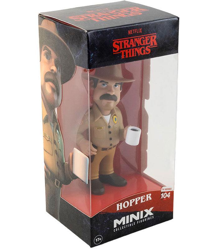 Stranger Things Hopper Minix collectible figure in box, 5 inches tall, hyper-stylized vinyl.