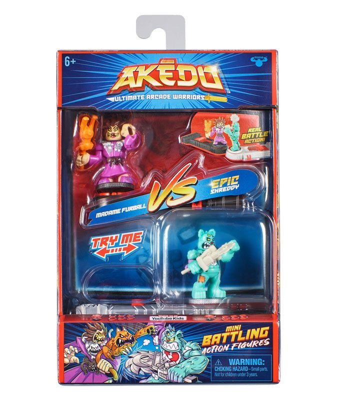 Akedo Ultimate Warriors Versus Pack - Madame Furball VS Epic Shreddy action figures packaging.