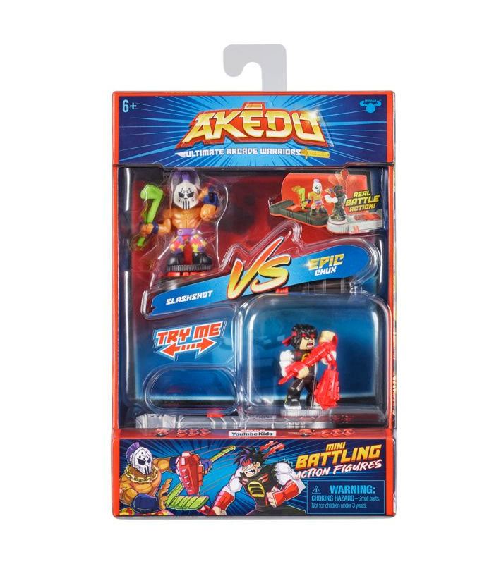 Akedo Ultimate Arcade Warriors Versus Pack - Slashshot VS Epic Chux action figures in packaging.