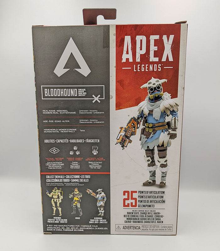 Apex Legends 6" Bloodhound action figure with accessories and 25 points of articulation in retail packaging.