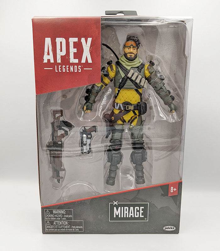 Apex Legends 6" action figure of Mirage with accessories and articulation points.