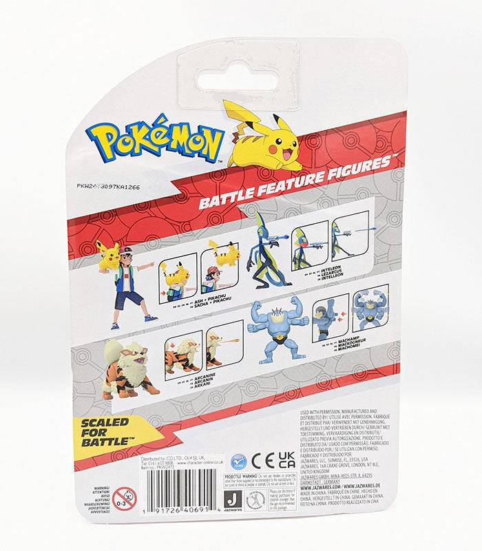 Pokemon Battle Figures - Ash & Pikachu packaging with character illustrations.