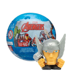 Mash'ems Avengers collectible toy featuring a Thor character in front of a blue capsule package.