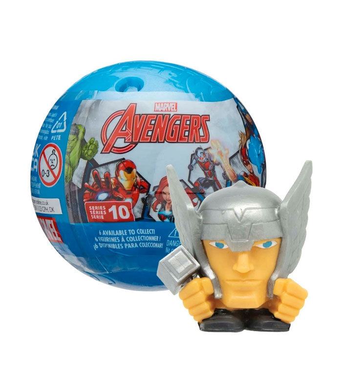 Mash'ems Avengers collectible toy featuring a Thor character in front of a blue capsule package.