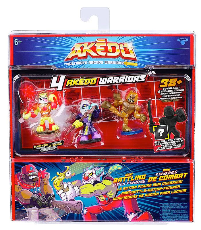 Akedo Ultimate Arcade Warrior Collectors Pack featuring Flyswat, Badfoot, Thunderwind, and a hidden figure.