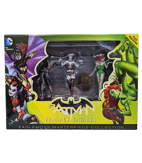 Batman Femmes Fatales Eaglemoss Masterpiece Collection with Bat Girl, Harley Quinn, Poison Ivy figures in box.