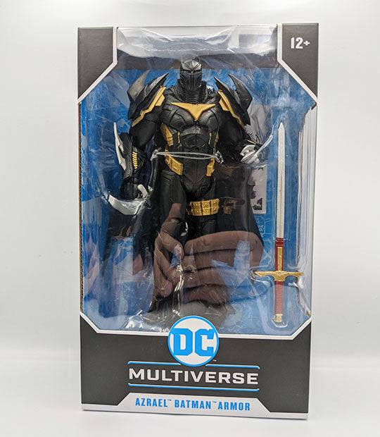 DC Multiverse White Knight Azrael Batman Armor action figure in collector's box with accessories.