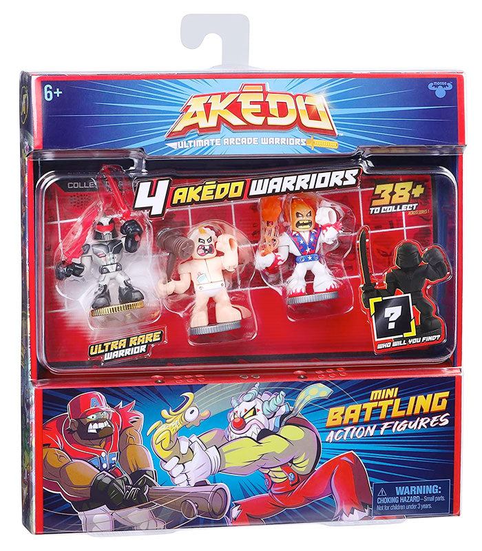 Akedo Ultimate Arcade Warrior Collectors Pack featuring Burnout, Big Stinky, Ultravolt, and a hidden figure.