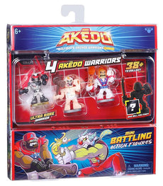 Akedo Ultimate Arcade Warrior Collectors Pack featuring Burnout, Big Stinky, Ultravolt, and a hidden figure.