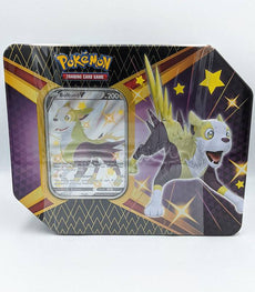 Pokémon TCG Shining Fates Tin featuring Boltund V card and booster packs.