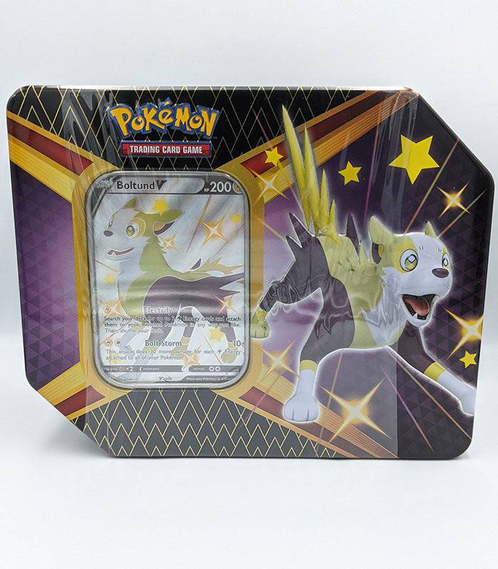 Pokémon TCG Shining Fates Tin featuring Boltund V card and booster packs.