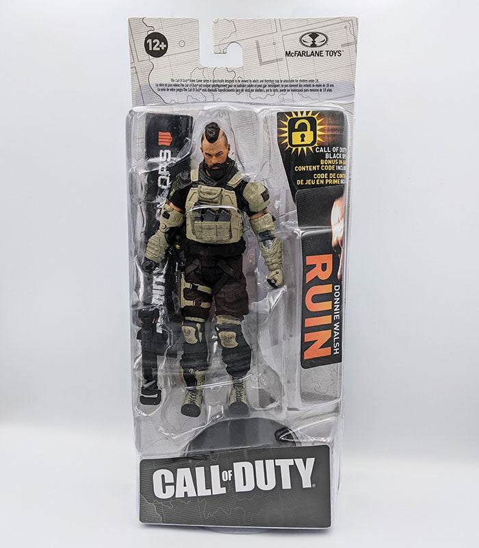 Call of Duty Ruin action figure in packaging with accessories and articulation.