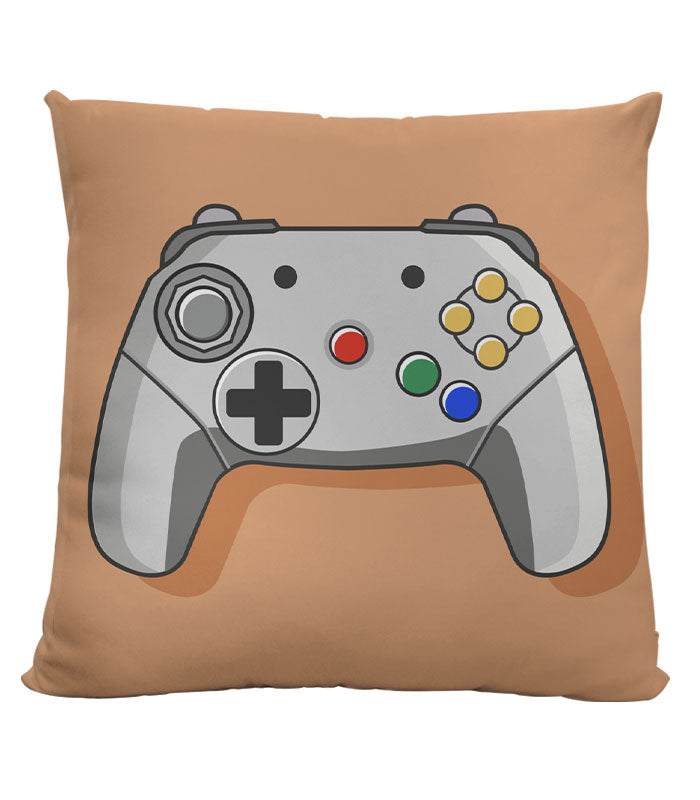 Retro gaming controller cushion, 18x18 inches, linen material with polyester insert.