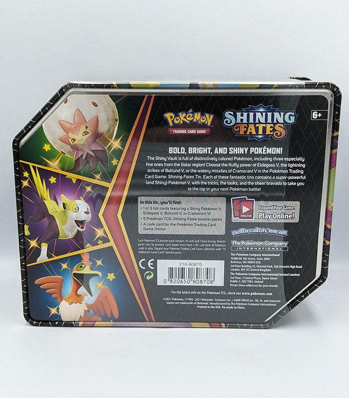 Pokémon TCG Shining Fates Tin featuring Cramorant V and booster packs.