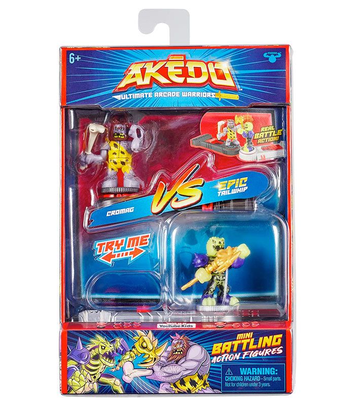 Akedo Ultimate Arcade Warriors Versus Pack - Cromag vs Epic Tailwhip action figures in packaging.