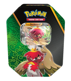Pokemon TCG Divergent Powers Tin featuring Decidueye V promo card and booster packs.