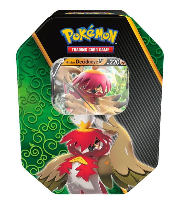 Pokemon TCG Divergent Powers Tin featuring Decidueye V promo card and booster packs.