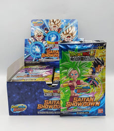 Unison Warrior Saiyan Showdown Booster Pack B15 display with colorful packaging and Dragon Ball characters.