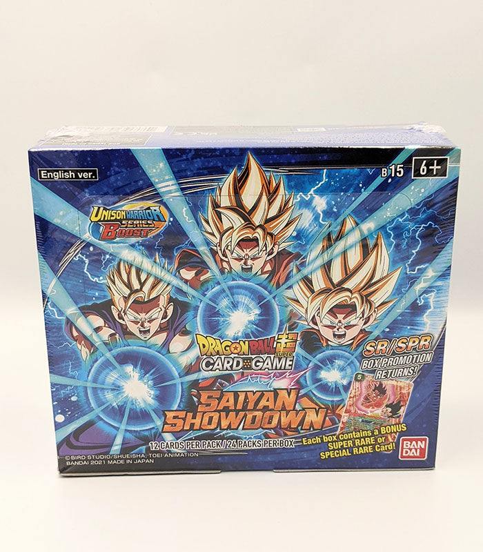 Dragon Ball Super Card Game Unison Warrior Saiyan Showdown Booster Box (B15) featuring Saiyan characters and artwork.