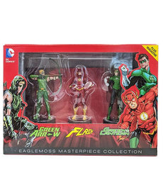 Justice League Legends Eaglemoss Masterpiece Collection featuring Green Arrow, Flash, and Green Lantern figures.