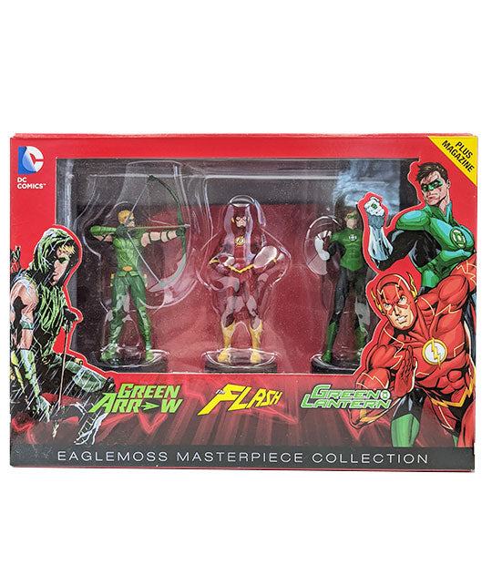 Justice League Legends Eaglemoss Masterpiece Collection featuring Green Arrow, Flash, and Green Lantern figures.