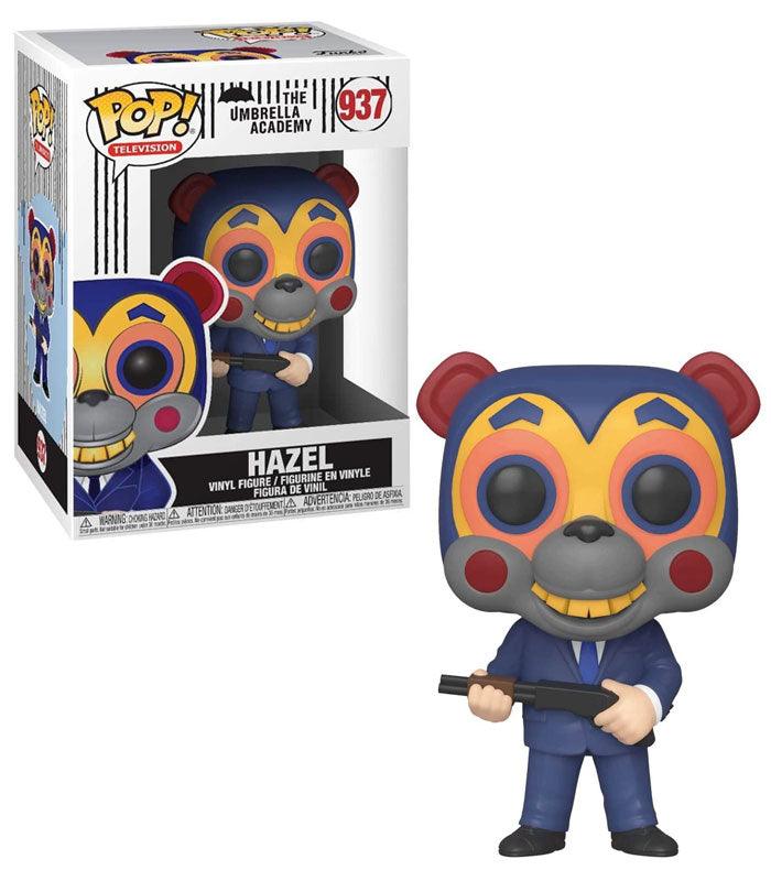 Umbrella Academy Hazel POP! Vinyl Figure with bear mask and gun in windowed box.