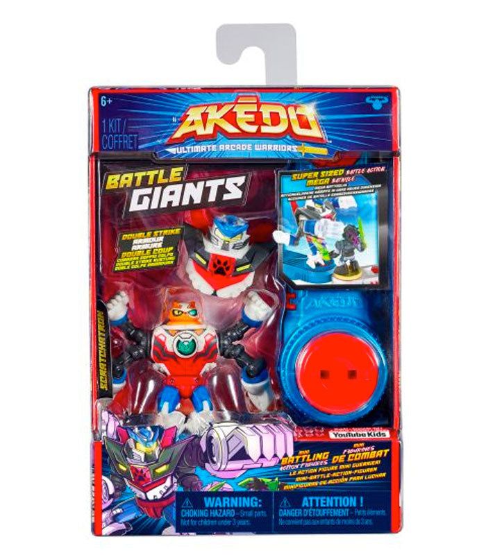 Akedo Ultimate Arcade Warriors Battle Giants Scratch-Atron action figure in packaging.