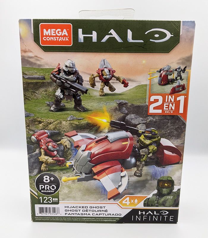 Halo Infinite Mega Construx Hijacked Ghost building set featuring action figures and the rapid assault vehicle on packaging.
