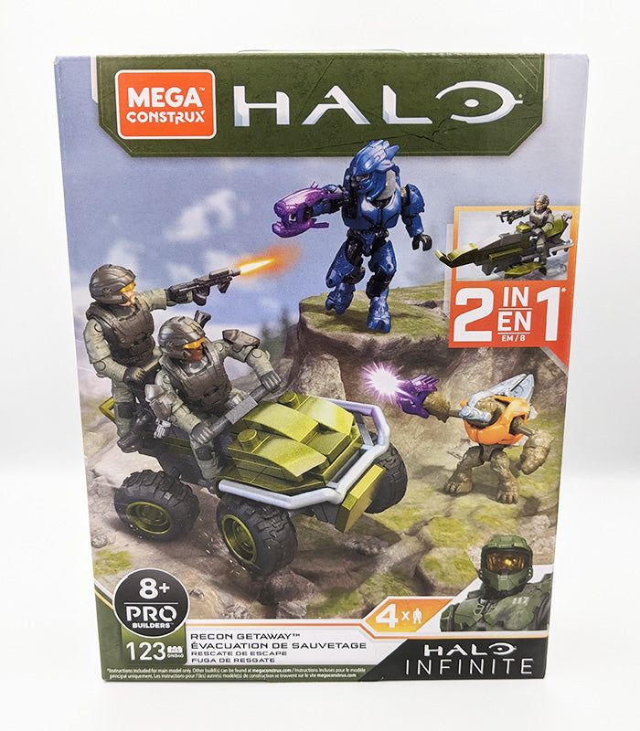 Halo Infinite Mega Construx Recon Getaway set with 123 pieces, featuring UNSC Mongoose and scout speeder options, suitable for ages 8+.