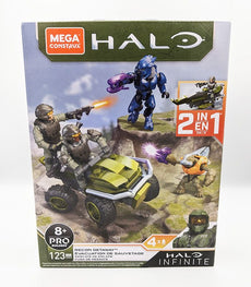 Halo Infinite Mega Construx Recon Getaway set with 123 pieces, featuring UNSC Mongoose and scout speeder options, suitable for ages 8+.
