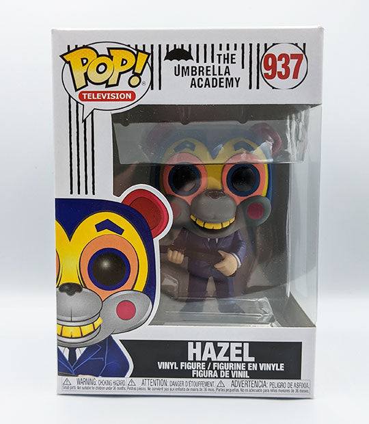 Umbrella Academy Hazel POP! Vinyl Figure in bear mask holding a gun, packaged in a windowed box.