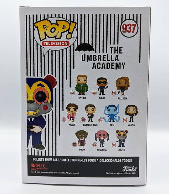 Umbrella Academy Hazel POP! Vinyl Figure box showcasing character lineup and branding.