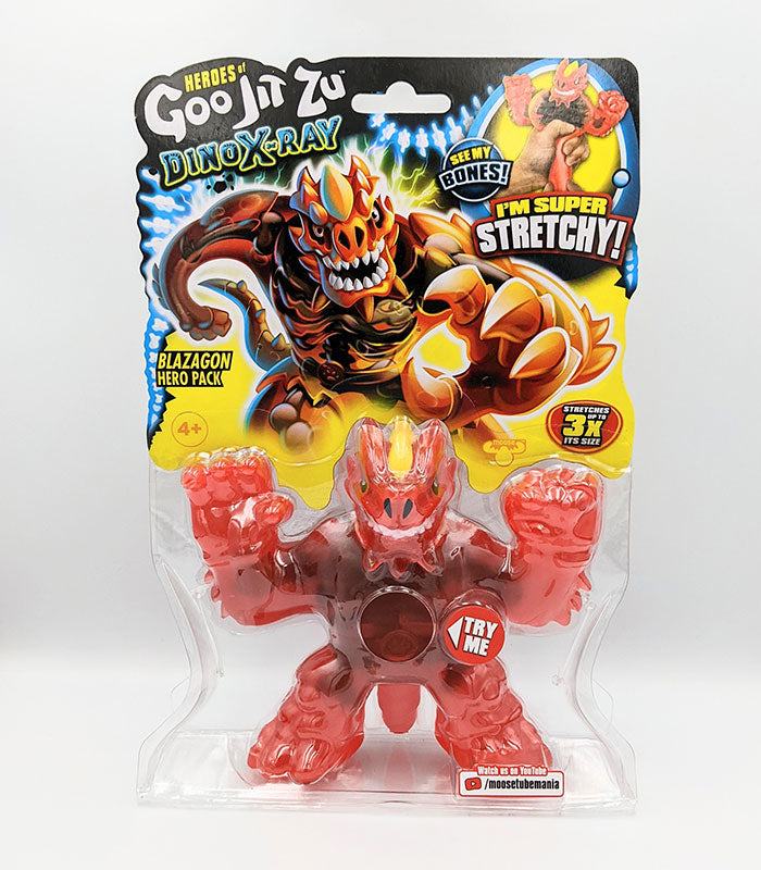 Heroes of Goo Jit Zu Dino X-Ray Blazagon, stretchy toy revealing bones, suitable for ages 4+.
