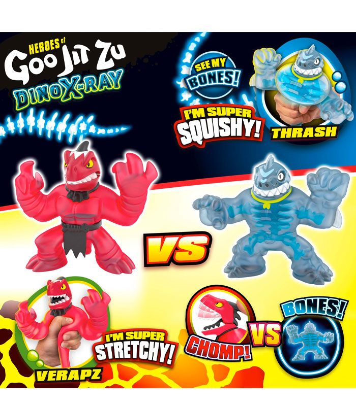 Heroes of Goo Jit Zu Dino X-Ray Thrash vs Verapz action figures with stretchy and squishy features.