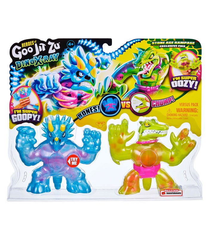 Heroes of Goo Jit Zu Dino X-Ray Stone Age Rampage Tritops vs Shredz action figures in packaging.